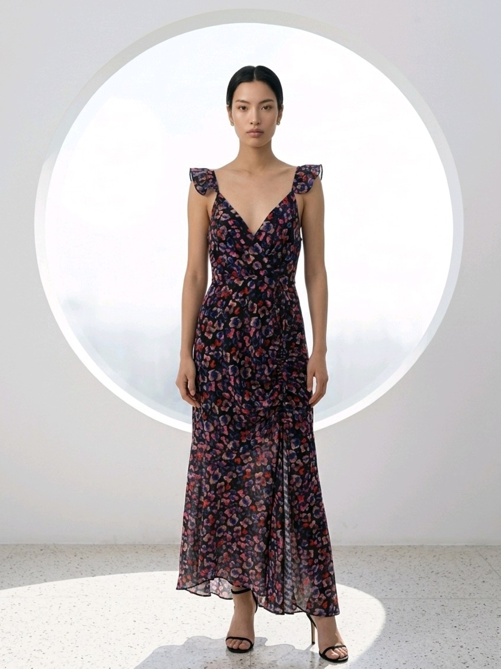 Aqua Floral V-Neck Ruffle Shoulder Maxi Dress in Multi-Color SZ M